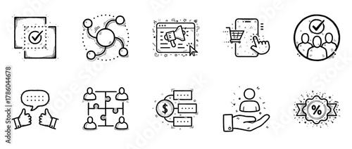 Hand-drawn business icons featuring social media, e-commerce, and customer engagement