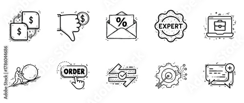 Hand-drawn business icons collection: finance, strategy, communication, e-commerce, marketing