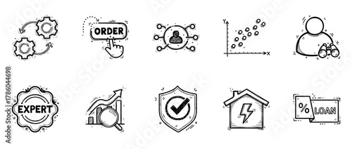 Hand-drawn business and finance icons set with various graphs and symbols