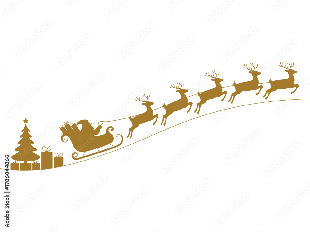 Fototapeta premium Joyful Santa Claus in sleigh pulled by reindeer, delivering gifts and Christmas tree on snowy hill