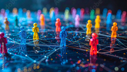 Colorful figures connected by lines illustrating social media networks and interactions
