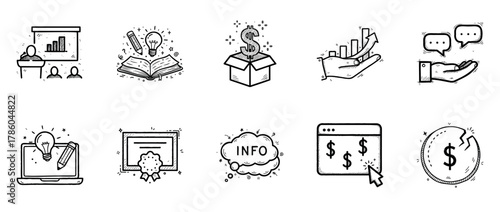 Hand-drawn business icons: analytics, financial growth, communication, learning