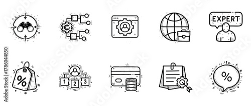 Hand-drawn business icons: strategy, settings, global network, and finance