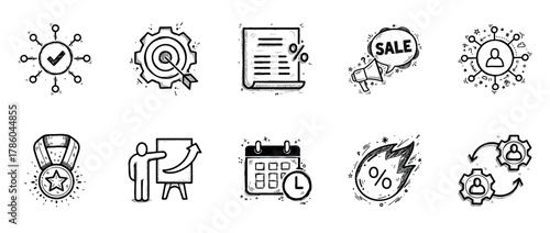 Hand-drawn business icons: target, strategy, contract, sale, network, achievement, presentation, schedule, growth, process