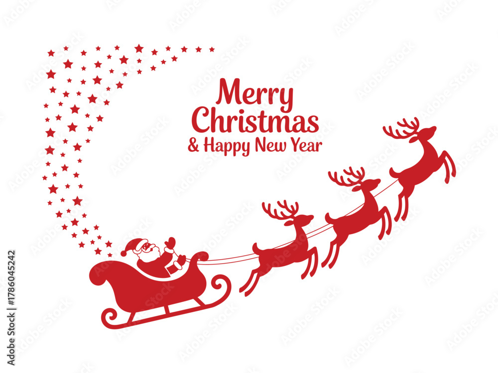 Fototapeta premium Santa Claus flying in his sleigh pulled by reindeer, spreading holiday cheer and festive wishes.