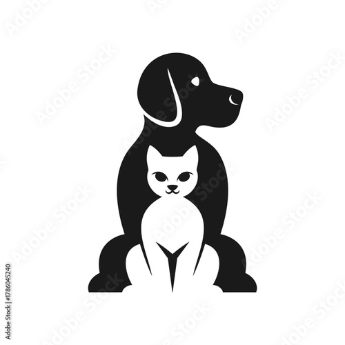 Negative Space Cat Dog Logo Icon.
A minimalist logo using negative space to show a cat within a dog outline, symbolizing harmony and companionship.