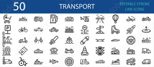 Editable stroke icons of transport and vehicle concepts. Includes car, bike, bus, truck, ship, airplane, train, bridge, road, parking, taxi, and wheel icons for travel and logistics themes.
