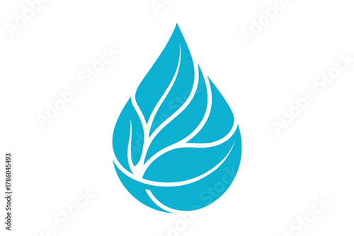 A stylized blue water droplet shape incorporates a leaf design, representing nature and purity.