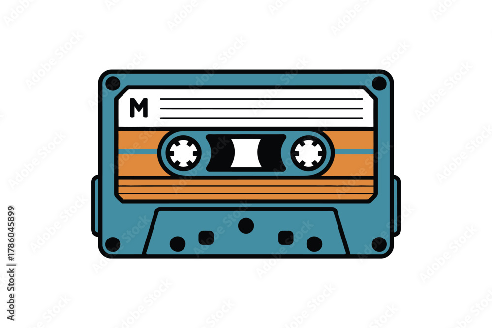 Fototapeta premium A vintage turquoise audio cassette tape with an orange stripe sits isolated on a white background.