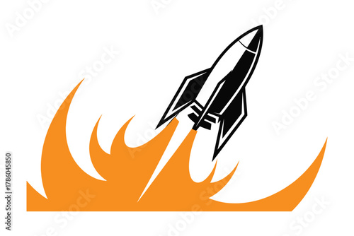 A stylized black and white rocket ship blasts off with orange flames and smoke against a white background, symbolizing launch and speed.