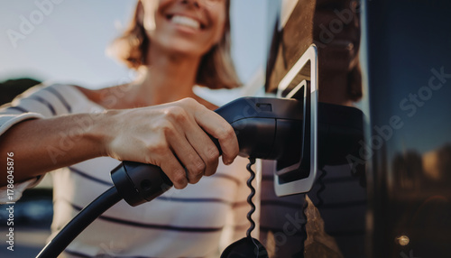 Charging of an electric car.woman charging electric car, plugging in charger cable at urban station. Clean energy, eco transport, sustainable technology for green mobility
