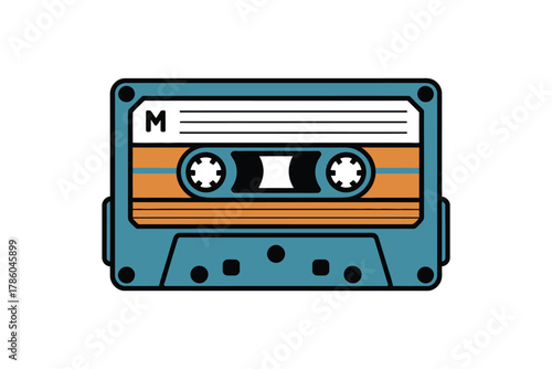 A vintage turquoise audio cassette tape with an orange stripe sits isolated on a white background.