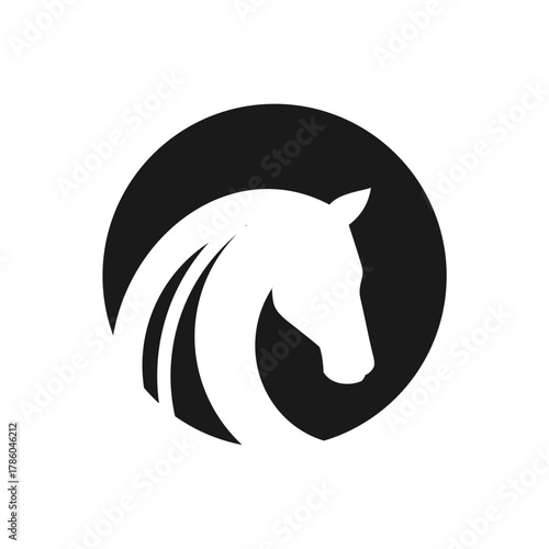 Elegant Horse Head Circle Silhouette Logo.
A minimalist black horse head in profile within a circle, with a flowing three-line mane symbolizing grace and motion.