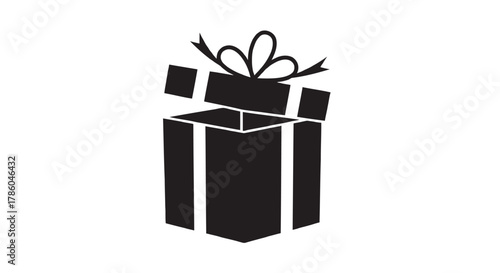 Black silhouette of an open gift box with a bow on top isolated on a white background symbolizing surprise and celebration