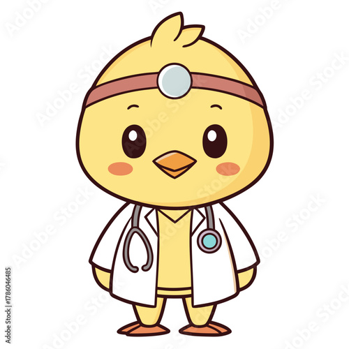 Adorable cartoon chick dressed as a doctor, wearing a stethoscope and lab coat, symbolizing healthcare and animal care