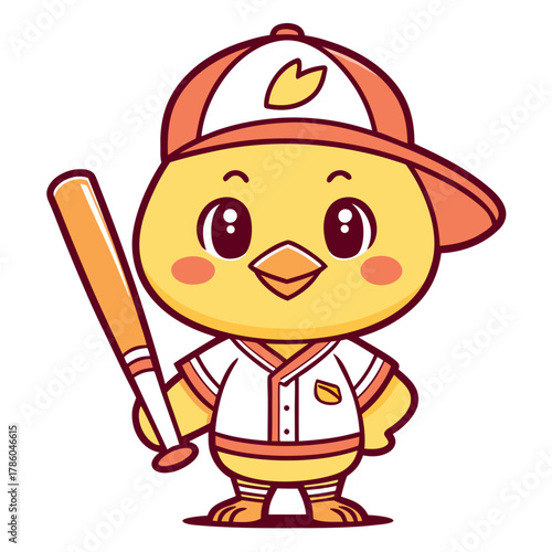 Adorable cartoon chick wearing a baseball uniform holding a bat, ready for a game