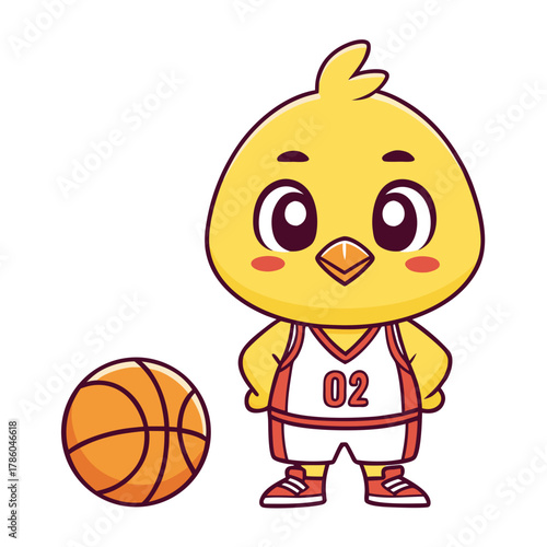 Adorable cartoon chick character ready for a fun basketball game, wearing a sporty jersey and shorts, embodying youthful energy and sportsmanship on the court with a cheerful demeanor