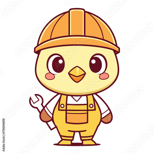 Cute cartoon chick wearing a hard hat and overalls, holding a wrench, symbolizing construction, repair, and DIY projects with a friendly and approachable demeanor