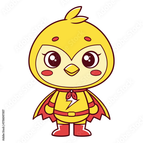 Cheerful yellow superhero chick character with a bright red cape and a lightning bolt emblem on its belt, embodying a sense of courage and playful heroism