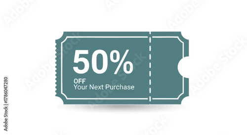 A teal colored coupon offering fifty percent off your next purchase with a perforated edge and a white circle on the right side