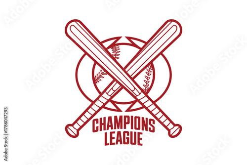 Two crossed baseball bats are placed in front of a baseball and a circular emblem with the words CHAMPIONS LEAGUE written below.