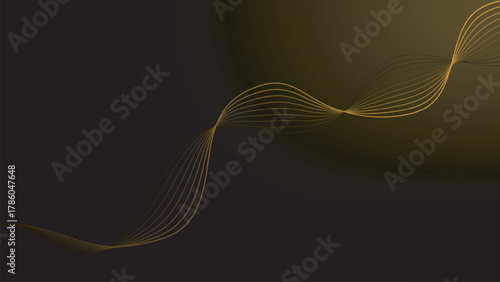 Luxurious dark background with glowing golden abstract wave of thin lines.