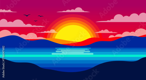 Vibrant Sunset Illustration with a Radiant Sun Dipping Below the Horizon, Reflecting on Calm Ocean Waters, and Silhouetted Hills