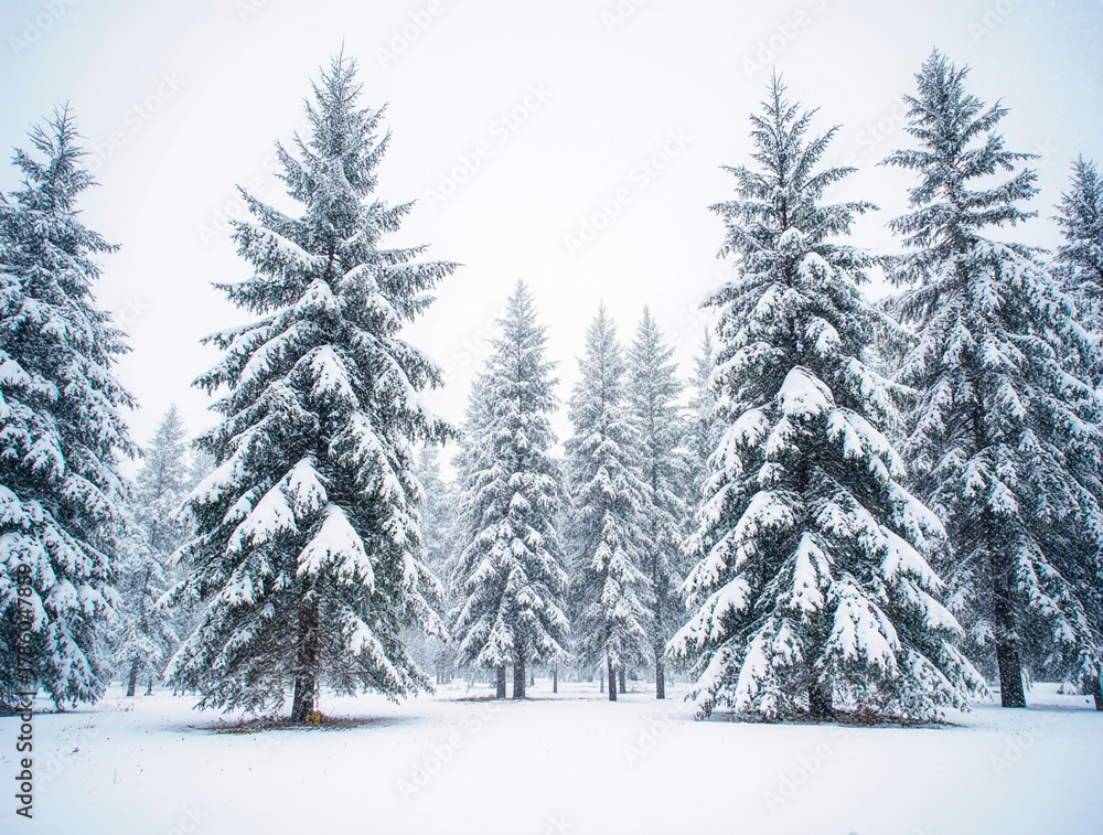 Naklejka premium Snow covered evergreen forest on a cloudy winter day