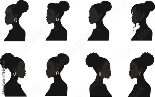 Black woman hairstyle silhouette set featuring diverse natural hair textures, elegant side profiles, afro beauty, fashion, and cultural representation.