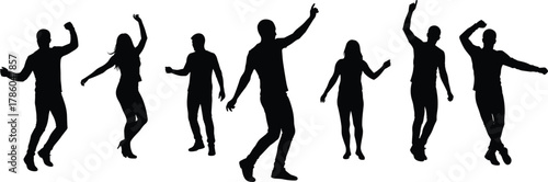 Energetic dancing silhouettes of people in dynamic poses, expressive movement, body language, performance art, black figures on white background.