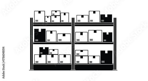 Black and white illustration of stacked cardboard boxes on industrial shelving units in a warehouse setting