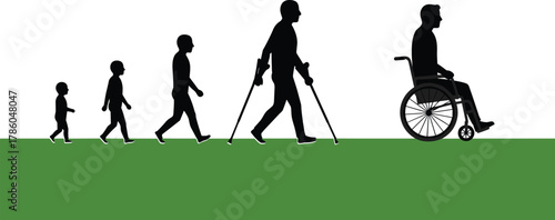 Human life stages silhouette progression from childhood to old age with mobility aids on green path, aging concept vector illustration