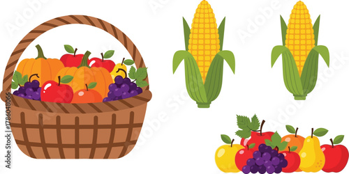 Basket full of autumn harvest fruits and vegetables