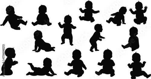 Silhouettes of Babies in Various Poses Including Crawling, Sitting, Standing and Reaching for Child Development and Infant Movement Studies
