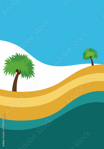 Abstract Tropical Landscape with Palm Trees and Wavy Sand Dunes Under a Clear Blue Sky