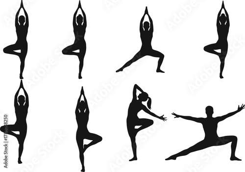 Yoga silhouette collection featuring tree pose, warrior stance, balance and flexibility exercises for wellness, fitness, meditation, and body strength.