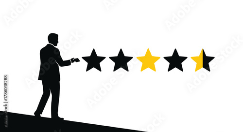 Businessman silhouette reviewing a rating system with two and a half stars highlighted in yellow against a white background