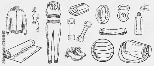 Hand drawn fitness woman equipment with dumbbell, sport suit, training mat, fitball, water, fitness tracker. Vector sketch illustration in vintage crayon charcoal style. Perfect for poster, banner