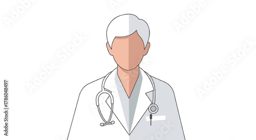 Flat illustration of a doctor wearing a white coat and stethoscope representing healthcare and medical professionals