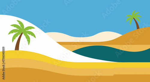 Abstract Landscape Illustration Featuring a Beach Scene with Palm Trees, Dunes, and a Calm Ocean
