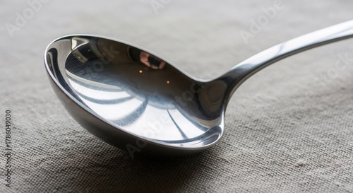 Stainless steel ladle on beige tablecloth with reflections  