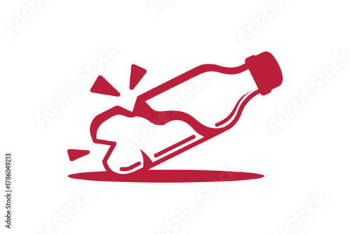 A stylized red graphic depicts a cracked bottle with liquid spilling out, suggesting breakage or a leak.