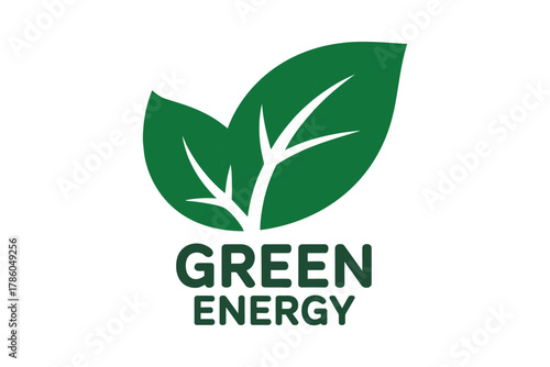 A clean green leaf symbol with the words GREEN ENERGY below it, symbolizing environmental sustainability and renewable power.