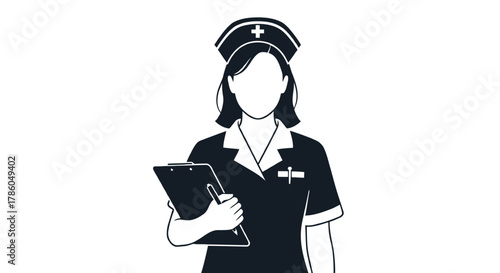 Stylized illustration of a nurse wearing a cap and uniform holding a clipboard and pen for medical records