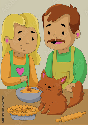 Vector illustration. Book illustration, baking a holiday cake, cat, pet, couple, husband and wife