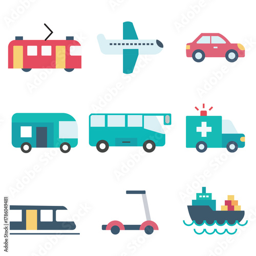 collection of colorful transportation icons, land, sea, air