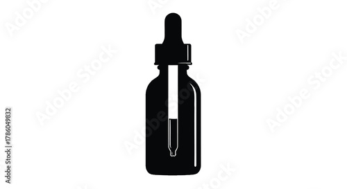 Simple black silhouette of a glass dropper bottle with a white background representing liquid dispensing or essential oils