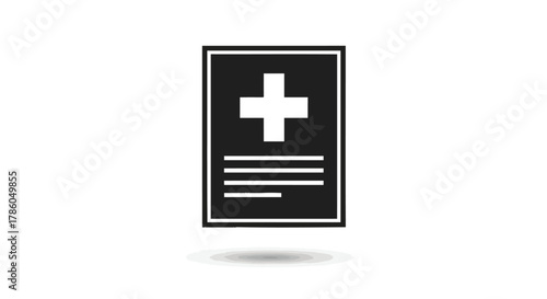 Black and white icon representing a medical document or prescription with a white cross symbol and text lines