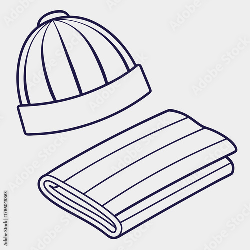 Winter clothing accessory set a knitted hat and a scarf, hand-drawn line art