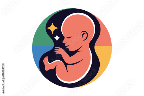 An artistic illustration depicts a stylized fetus nestled within a womb, surrounded by vibrant colors and twinkling stars, symbolizing new life and potential.